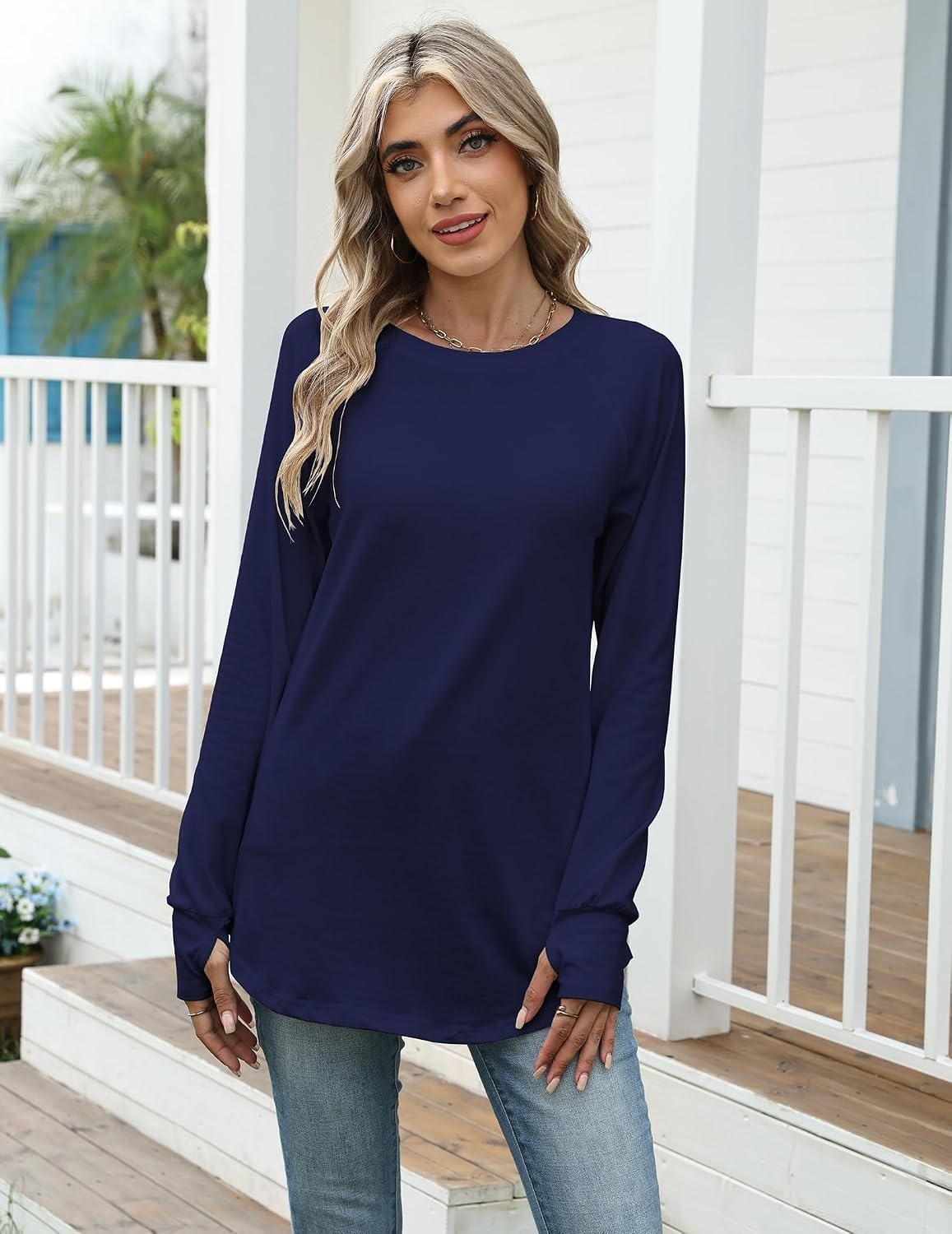 image:imageZeagoo Womens Casual Long Sleeve Shirts Crew Neck Round Loose Tunic TopsNavy Blue
