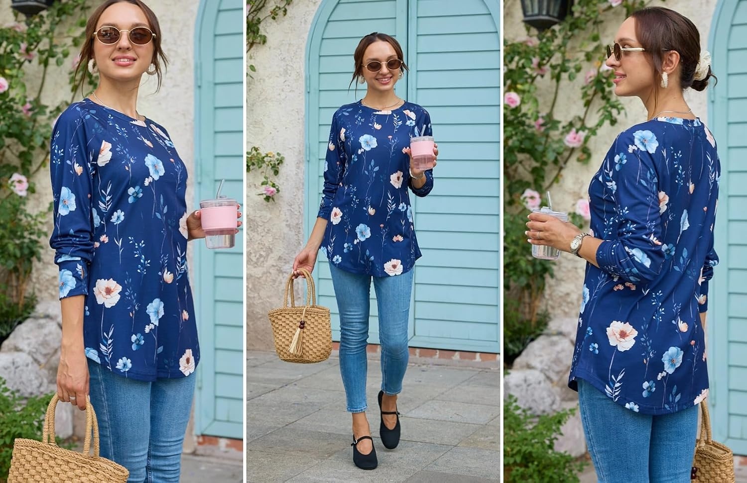 image:imageZeagoo Womens Casual Long Sleeve Shirts Crew Neck Round Loose Tunic TopsNavy Floral