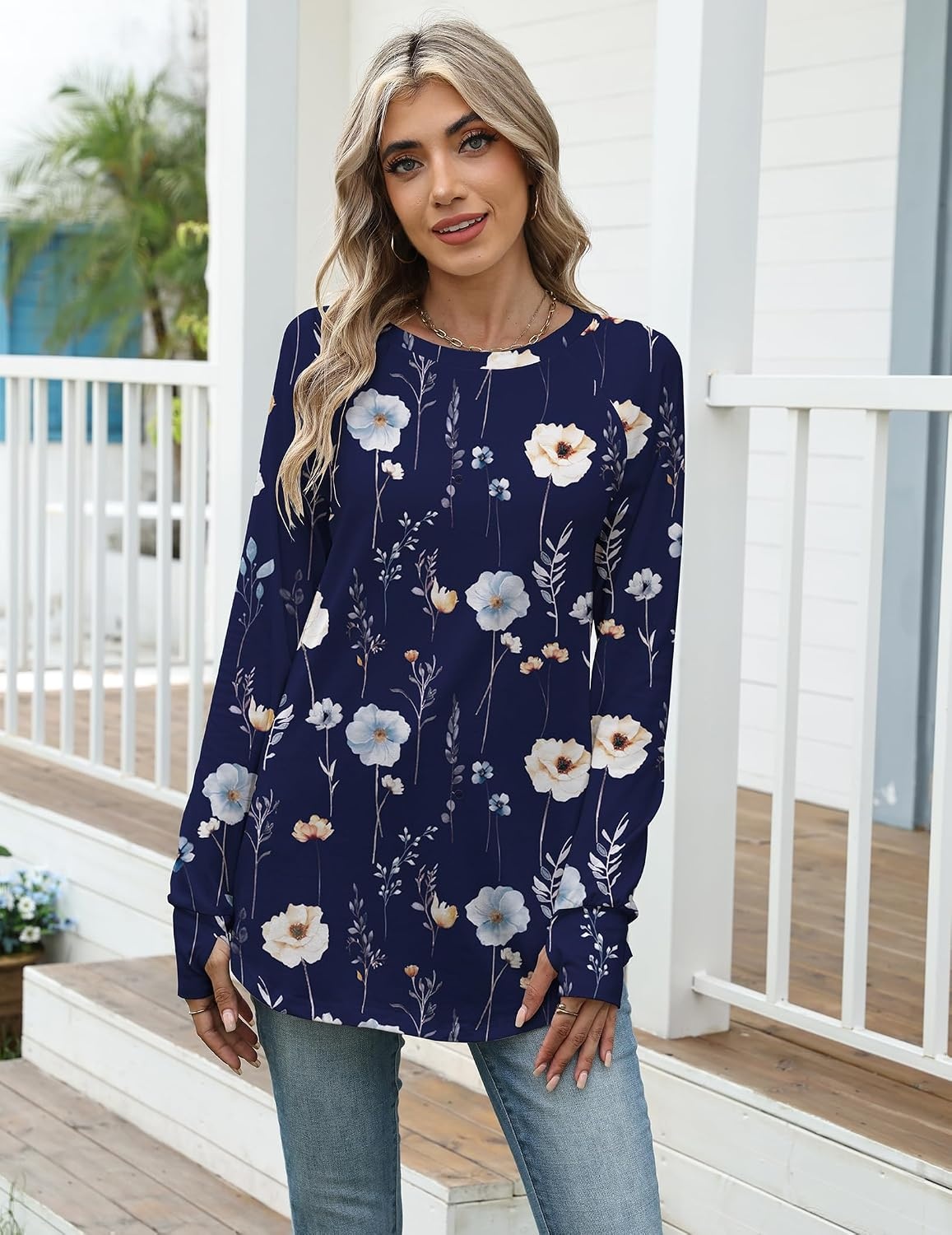 image:imageZeagoo Womens Casual Long Sleeve Shirts Crew Neck Round Loose Tunic TopsNavy Floral