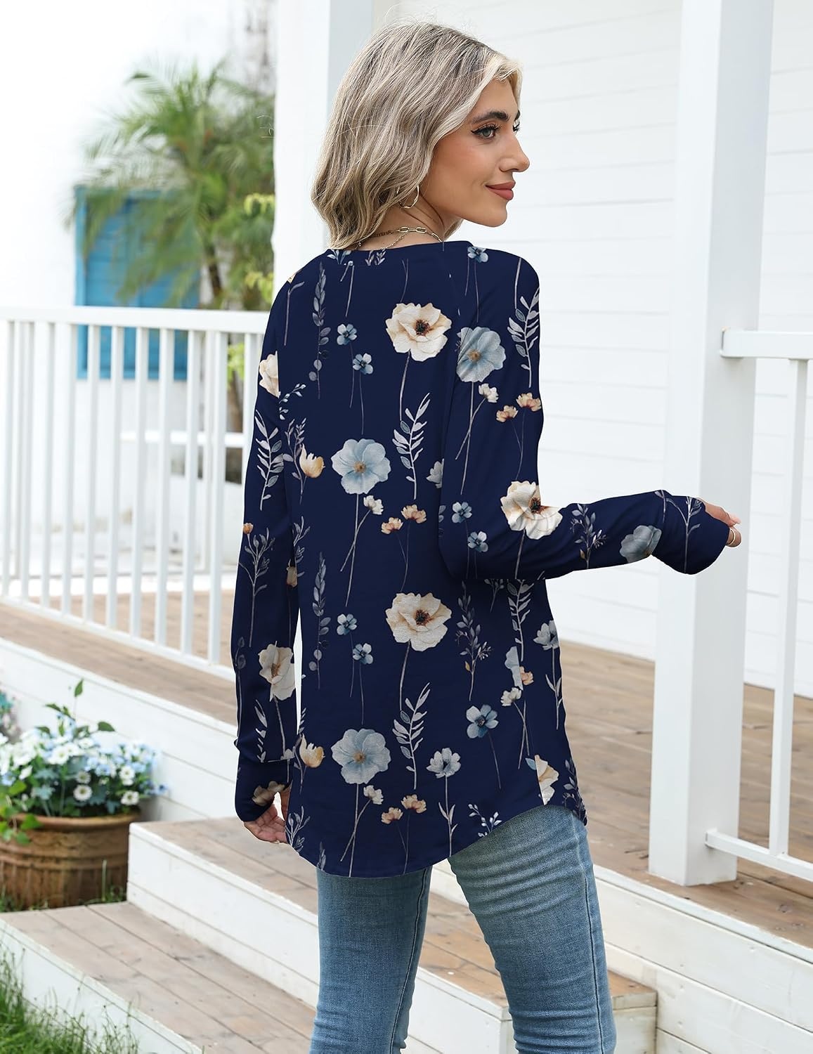 image:imageZeagoo Womens Casual Long Sleeve Shirts Crew Neck Round Loose Tunic TopsNavy Floral