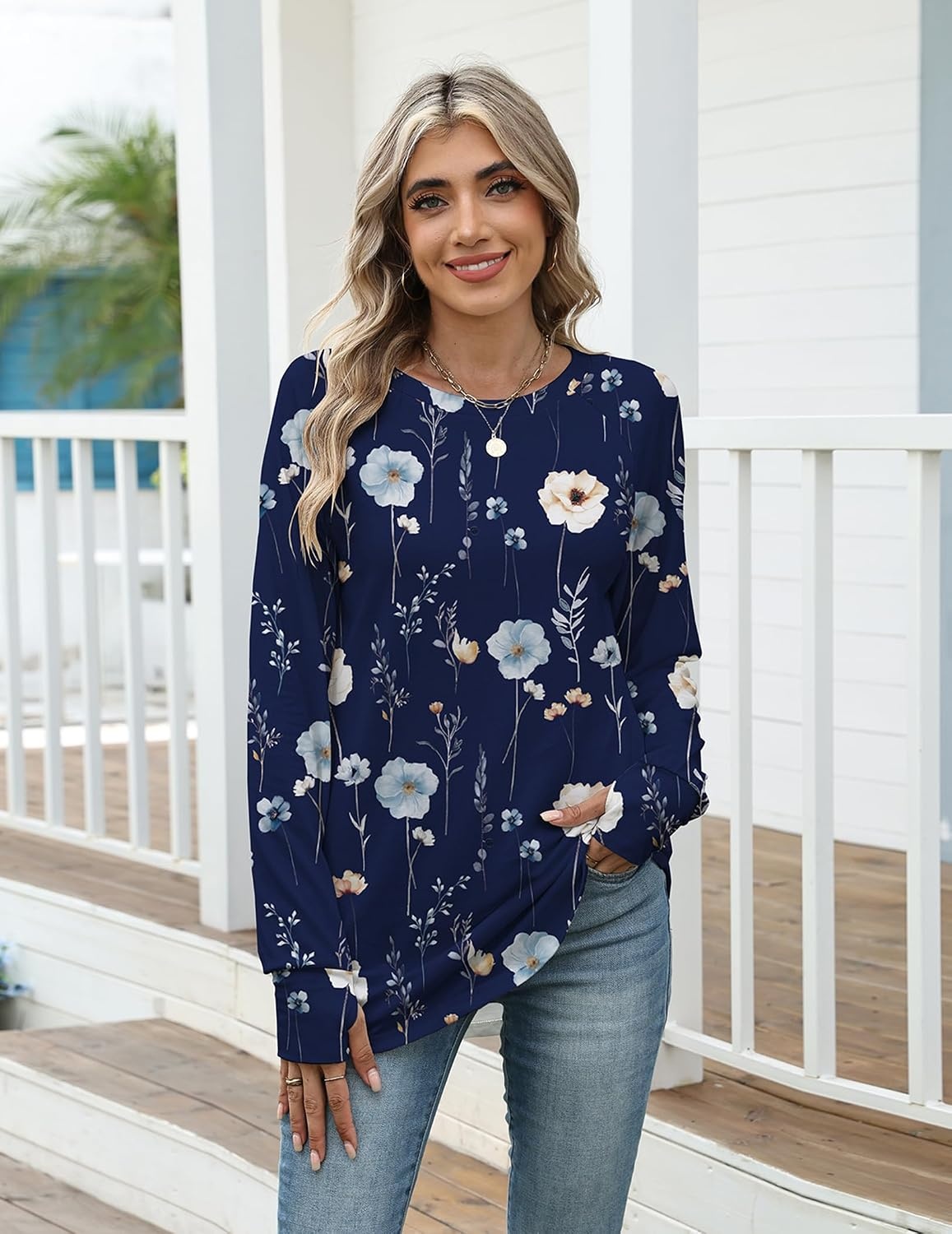 image:imageZeagoo Womens Casual Long Sleeve Shirts Crew Neck Round Loose Tunic TopsNavy Floral
