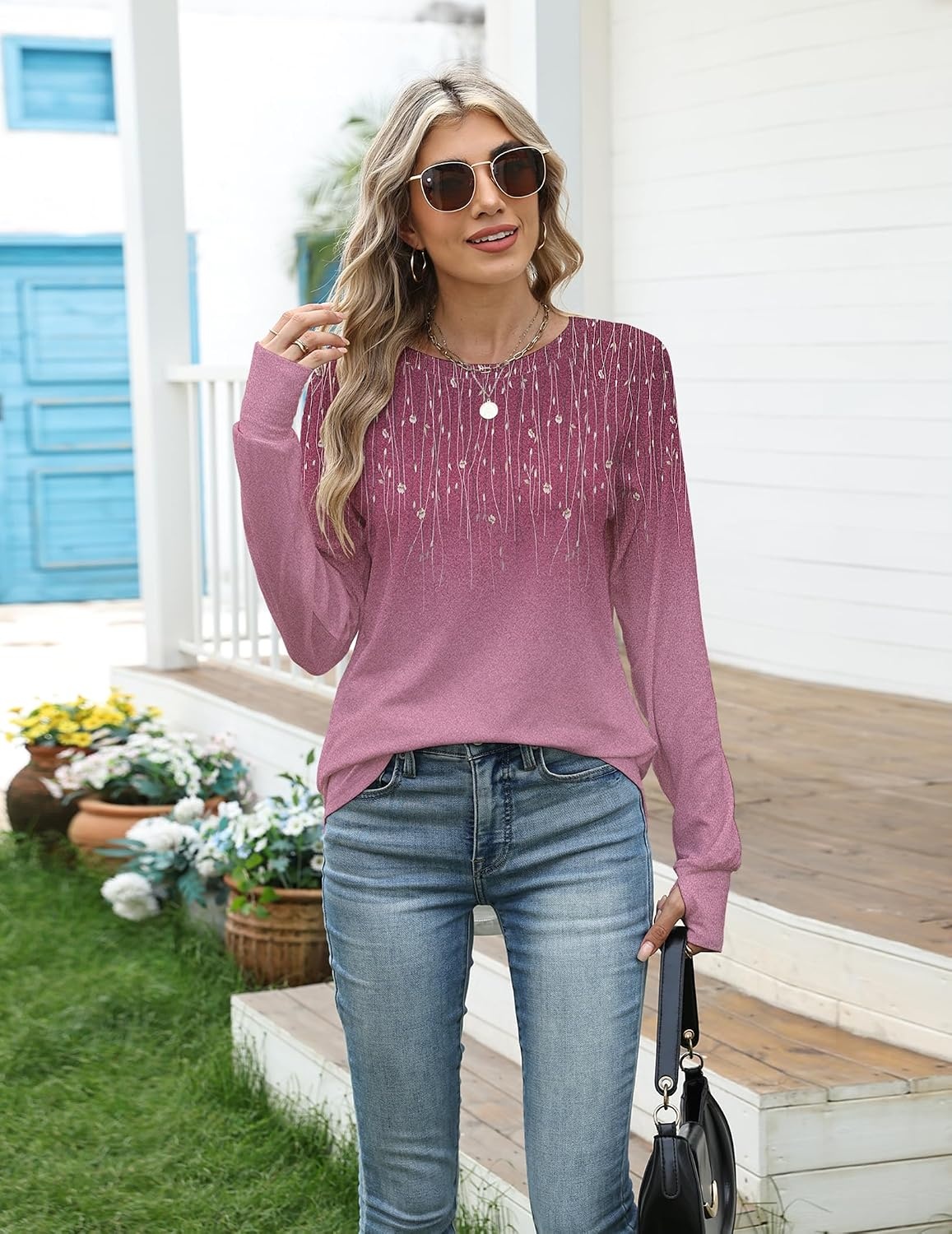 image:imageZeagoo Womens Casual Long Sleeve Shirts Crew Neck Round Loose Tunic TopsPurple Willow