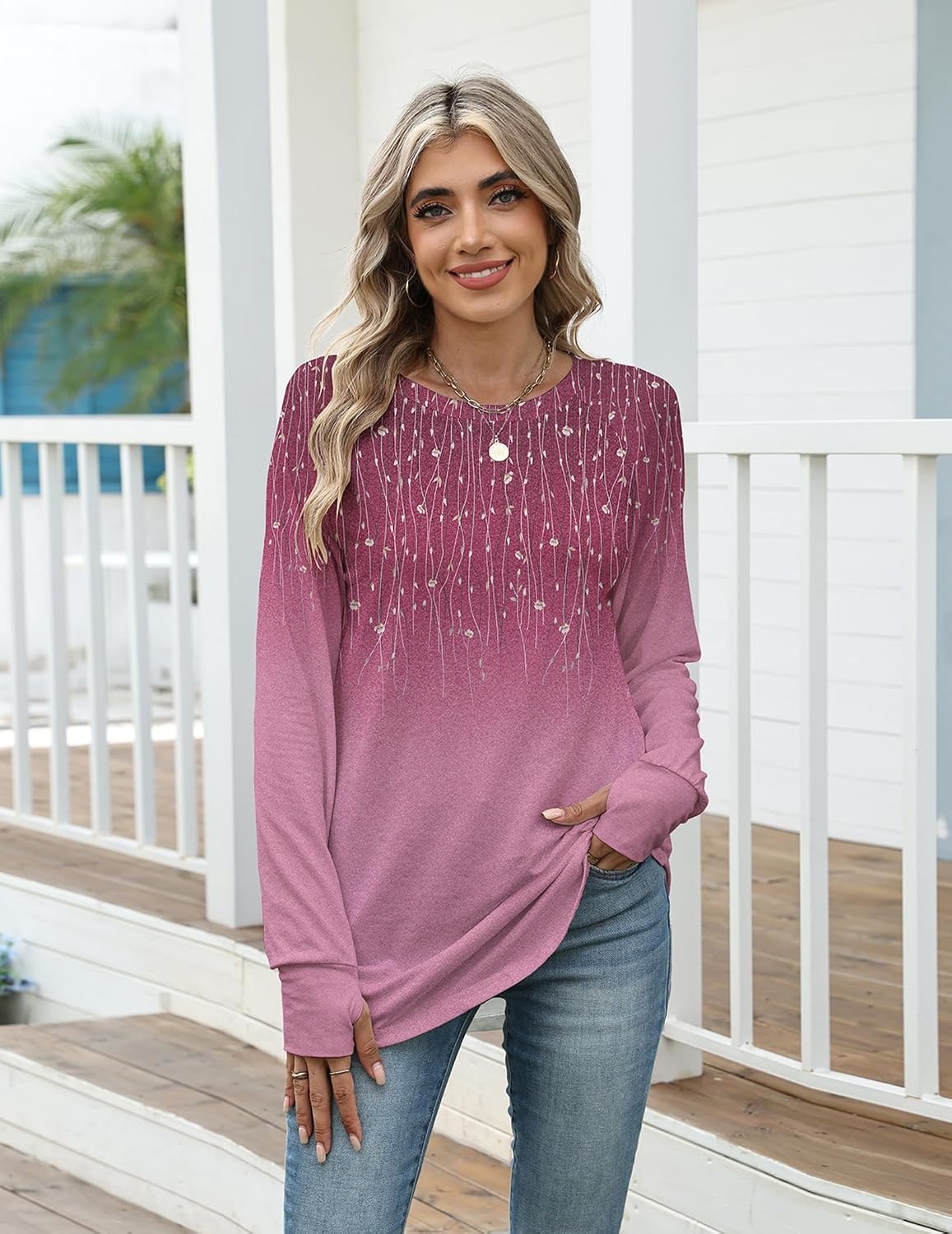 image:imageZeagoo Womens Casual Long Sleeve Shirts Crew Neck Round Loose Tunic TopsPurple Willow