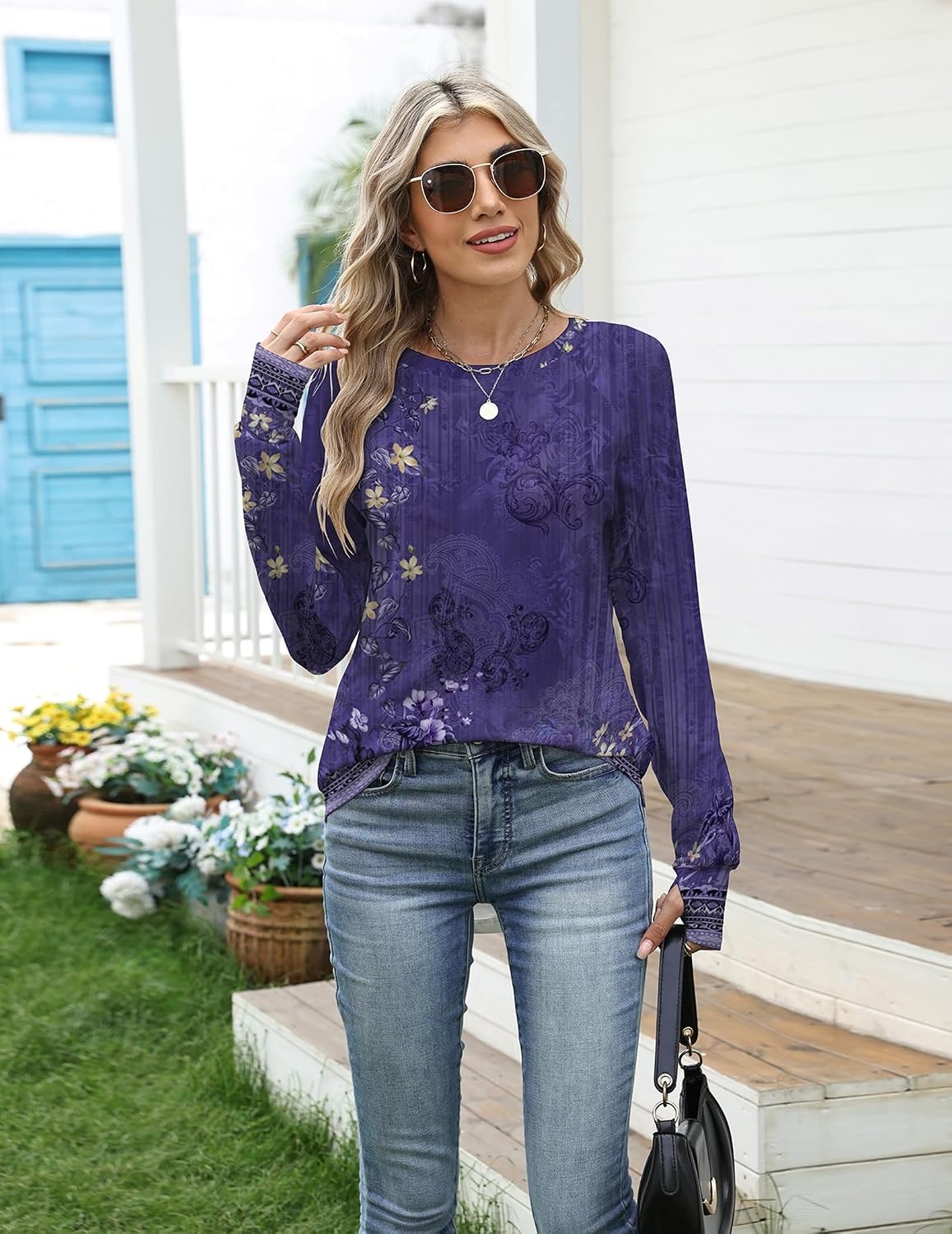 image:imageZeagoo Womens Casual Long Sleeve Shirts Crew Neck Round Loose Tunic TopsViolet Print