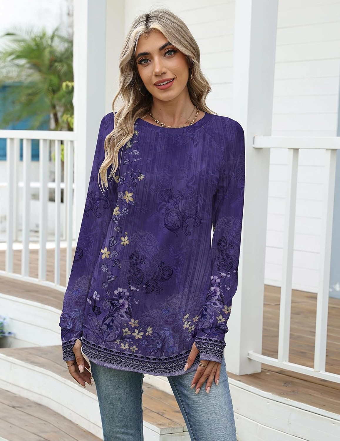 image:imageZeagoo Womens Casual Long Sleeve Shirts Crew Neck Round Loose Tunic TopsViolet Print