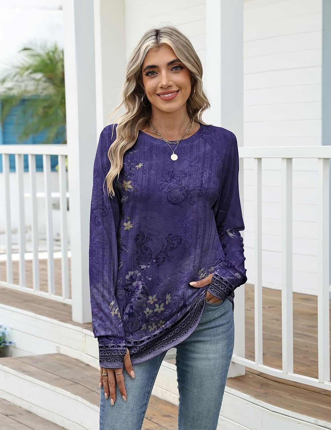 image:imageZeagoo Womens Casual Long Sleeve Shirts Crew Neck Round Loose Tunic TopsViolet Print