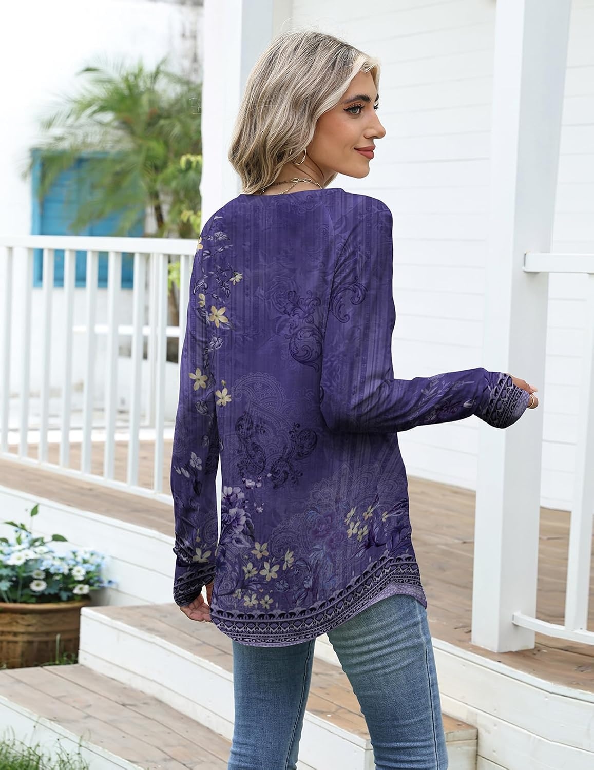 image:imageZeagoo Womens Casual Long Sleeve Shirts Crew Neck Round Loose Tunic TopsViolet Print