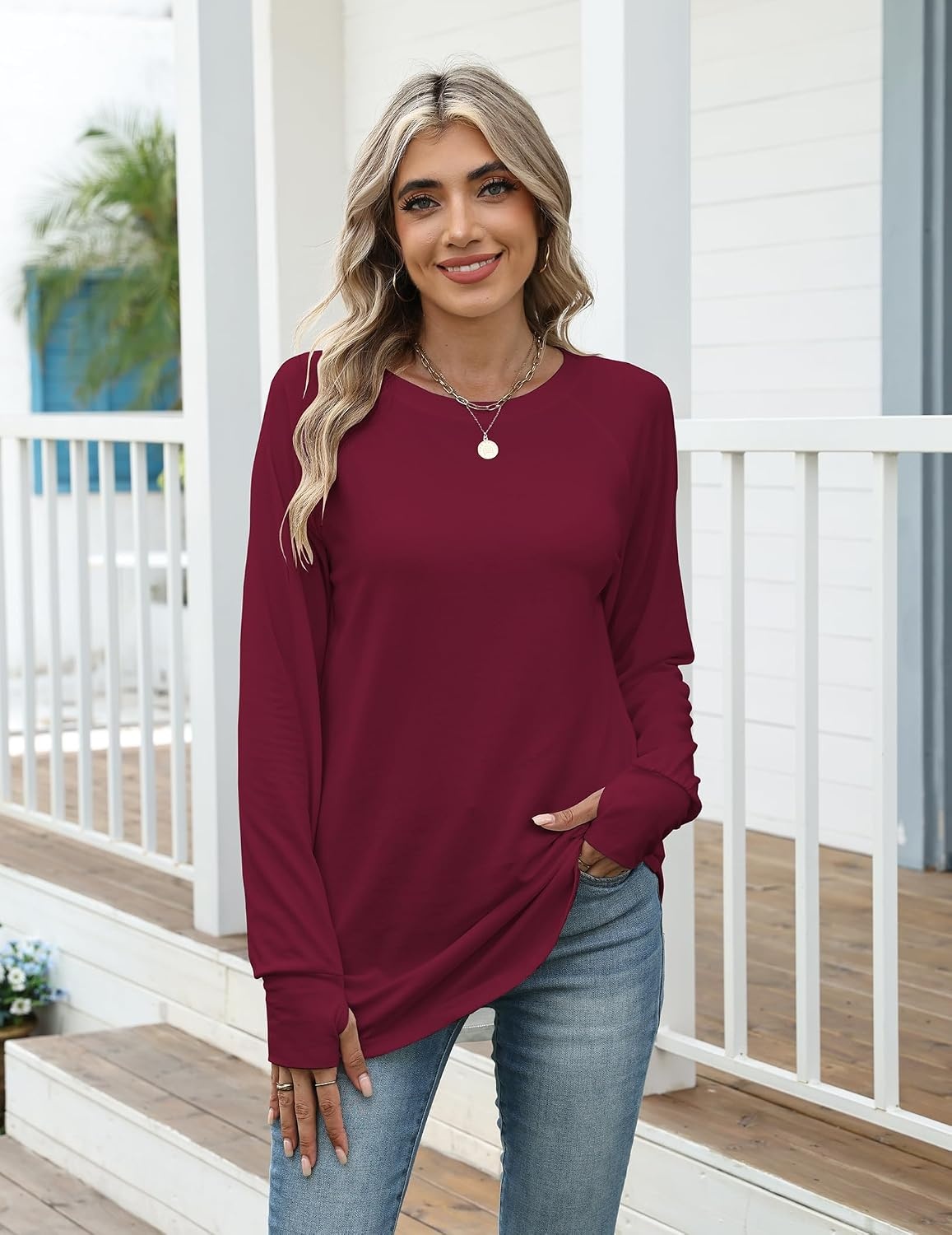 image:imageZeagoo Womens Casual Long Sleeve Shirts Crew Neck Round Loose Tunic TopsWine Red