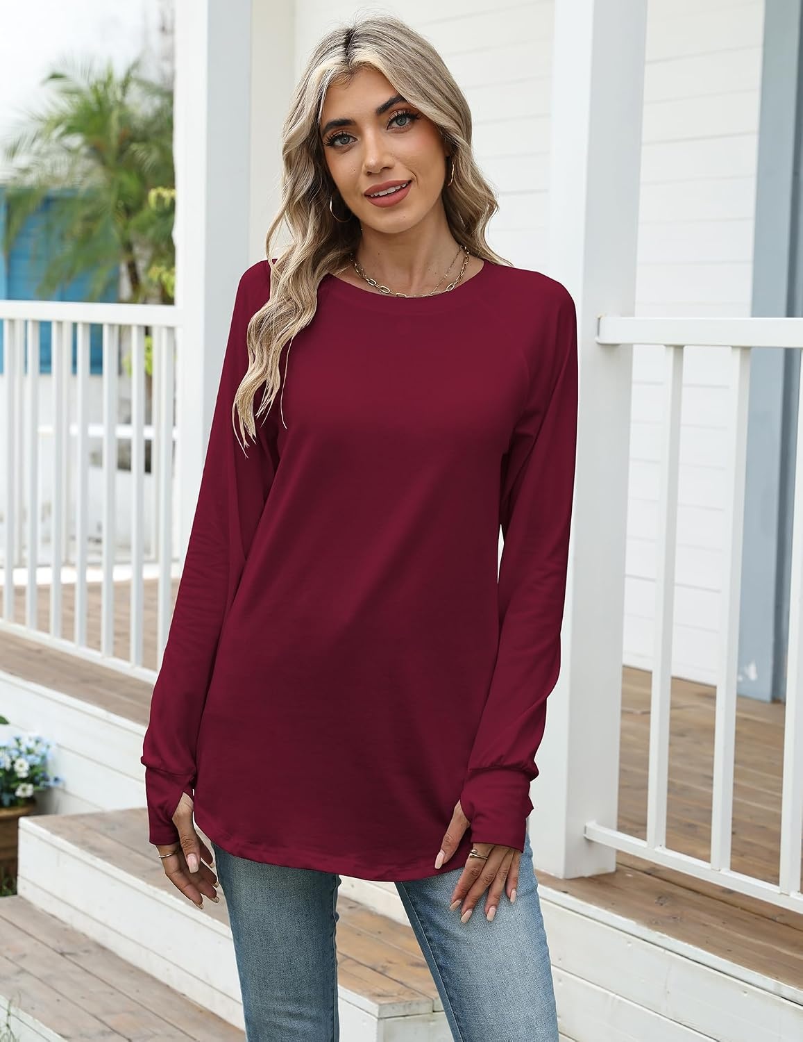 image:imageZeagoo Womens Casual Long Sleeve Shirts Crew Neck Round Loose Tunic TopsWine Red
