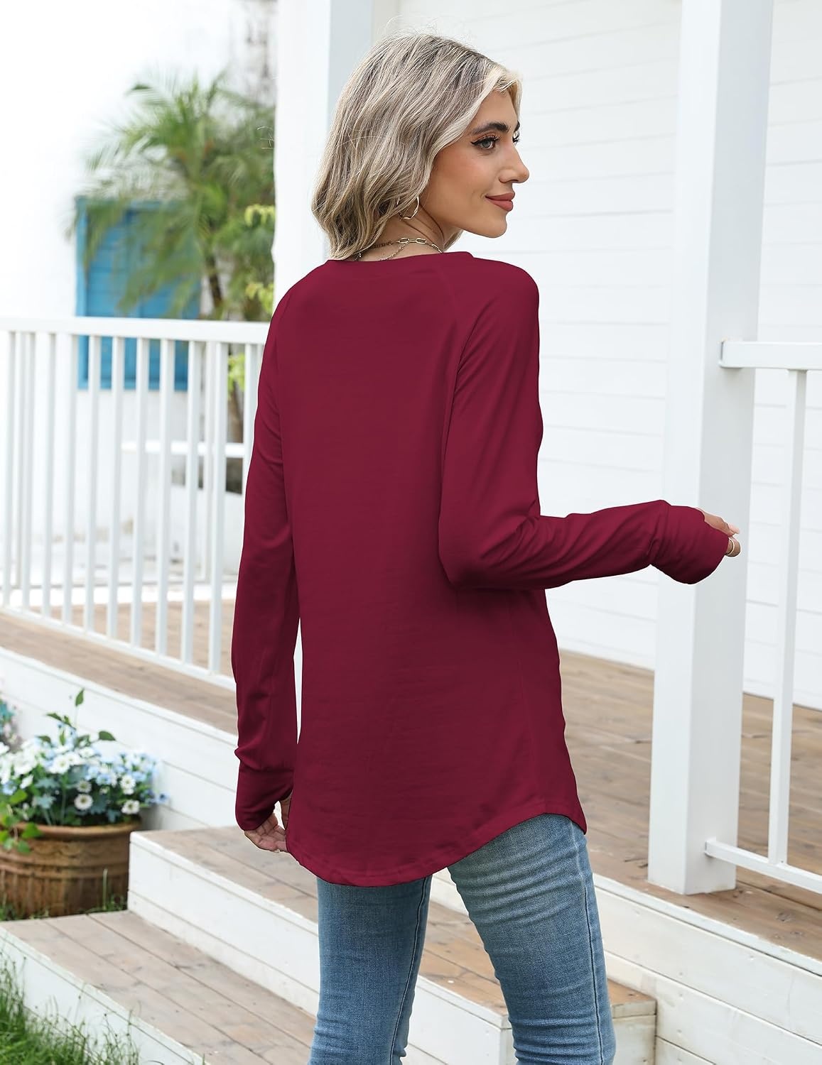 image:imageZeagoo Womens Casual Long Sleeve Shirts Crew Neck Round Loose Tunic TopsWine Red
