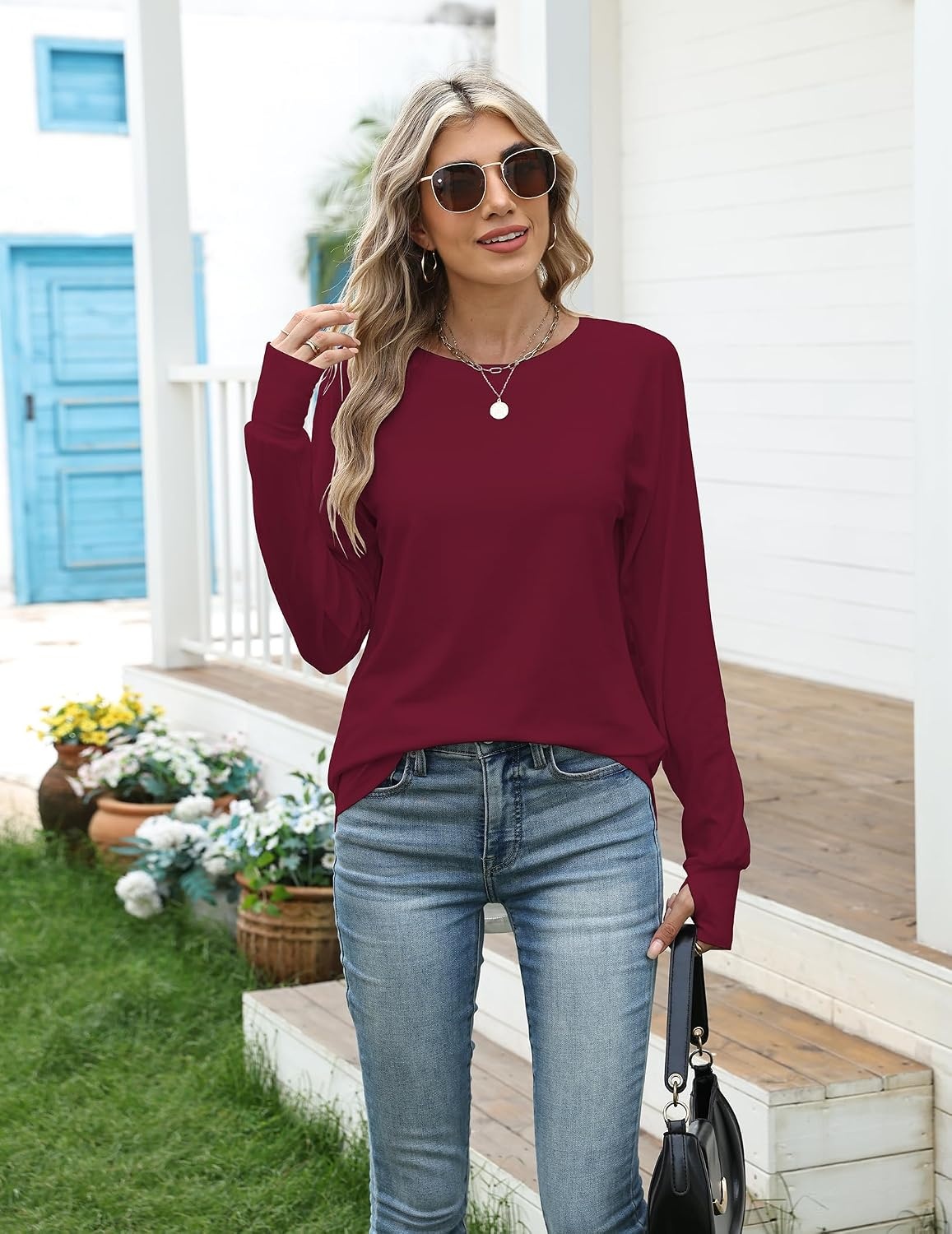 image:imageZeagoo Womens Casual Long Sleeve Shirts Crew Neck Round Loose Tunic TopsWine Red
