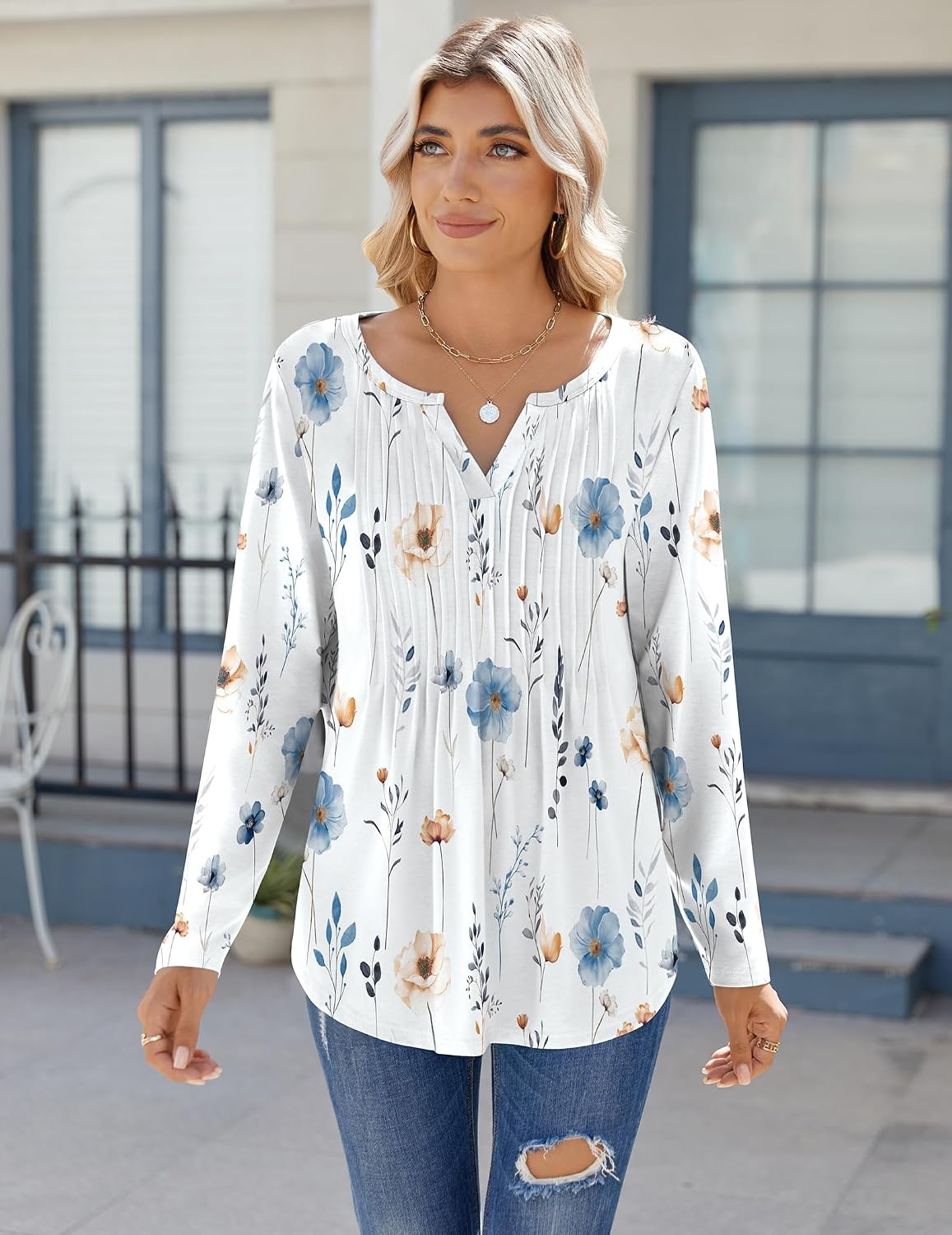 image:imageZeagoo Womens Long Sleeve Tops 2026 V Neck Pleated Shirts Dressy Casual Tunic Blouses Loose Fit Fall Fashion ClothesAawhite Floralprinted