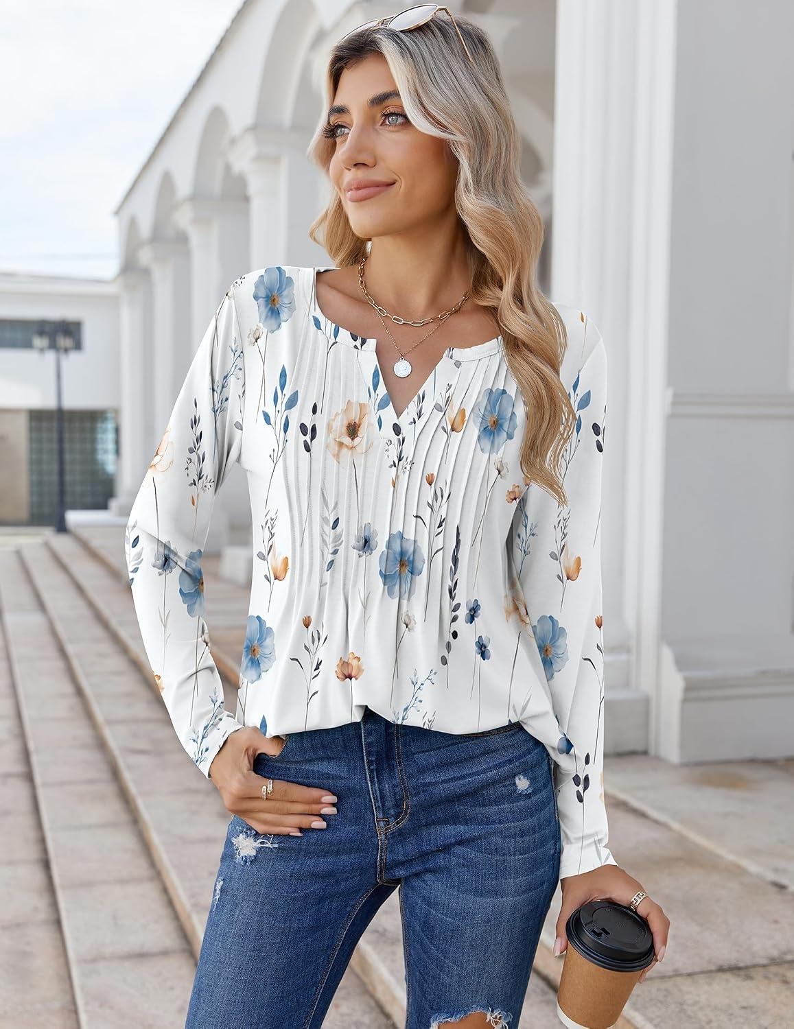 image:imageZeagoo Womens Long Sleeve Tops 2026 V Neck Pleated Shirts Dressy Casual Tunic Blouses Loose Fit Fall Fashion ClothesAawhite Floralprinted