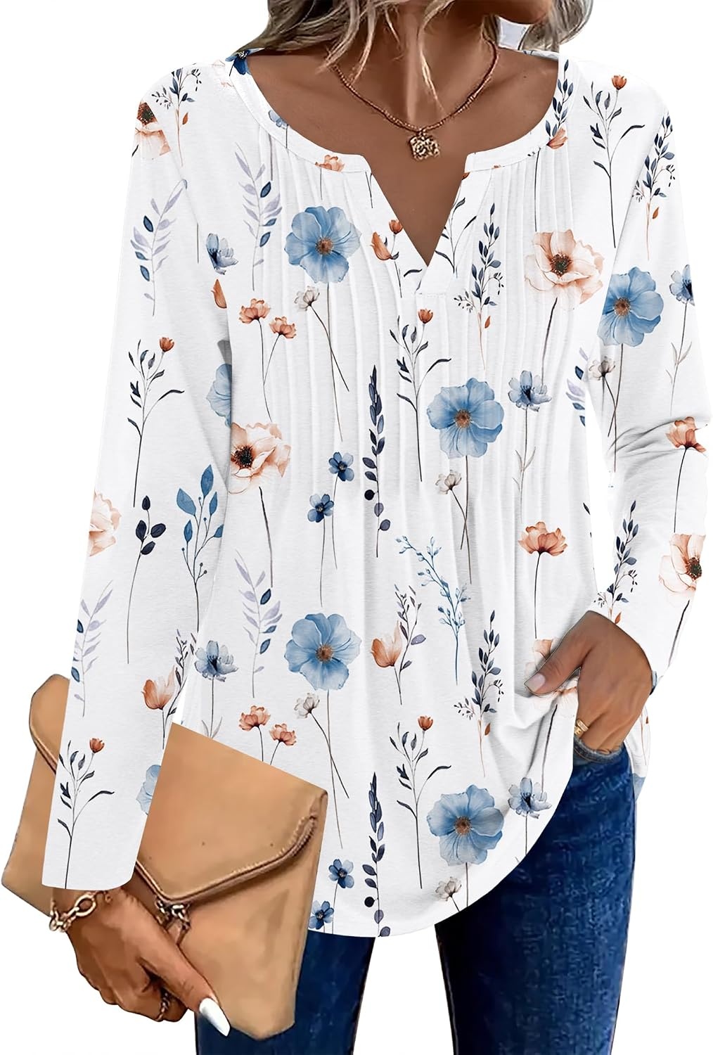 image:imageZeagoo Womens Long Sleeve Tops 2026 V Neck Pleated Shirts Dressy Casual Tunic Blouses Loose Fit Fall Fashion ClothesAawhite Floralprinted