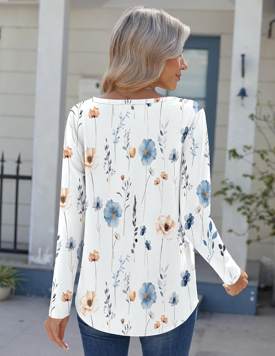image:imageZeagoo Womens Long Sleeve Tops 2026 V Neck Pleated Shirts Dressy Casual Tunic Blouses Loose Fit Fall Fashion ClothesAawhite Floralprinted