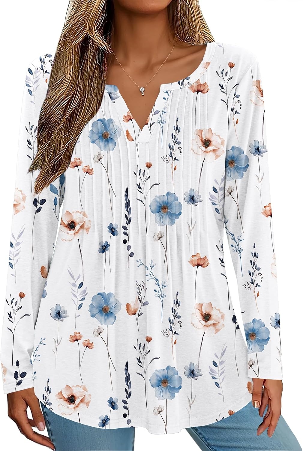 image:imageZeagoo Womens Long Sleeve Tops 2026 V Neck Pleated Shirts Dressy Casual Tunic Blouses Loose Fit Fall Fashion ClothesAawhite Floralprinted