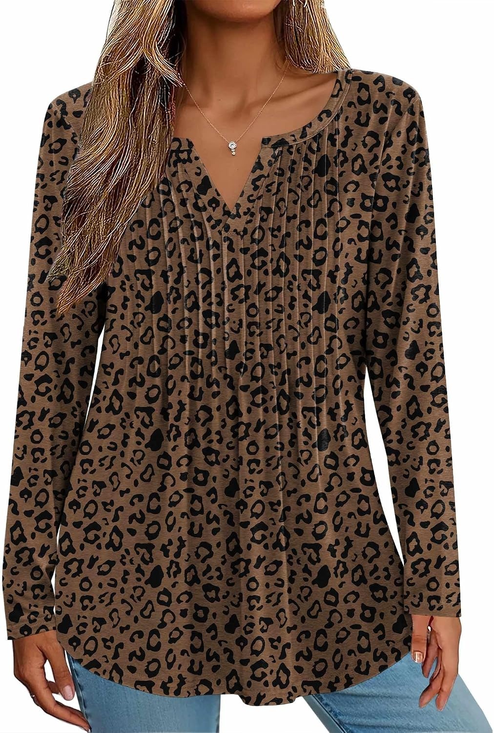 image:imageZeagoo Womens Long Sleeve Tops 2026 V Neck Pleated Shirts Dressy Casual Tunic Blouses Loose Fit Fall Fashion ClothesAn427