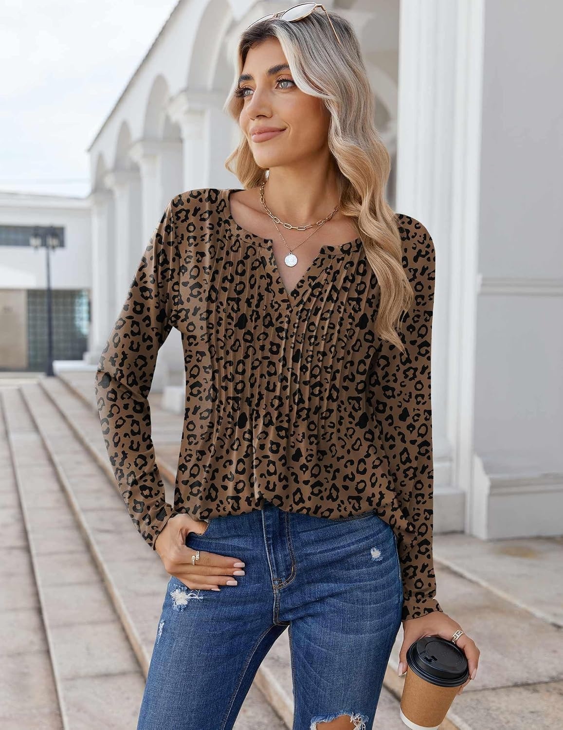 image:imageZeagoo Womens Long Sleeve Tops 2026 V Neck Pleated Shirts Dressy Casual Tunic Blouses Loose Fit Fall Fashion ClothesAn427