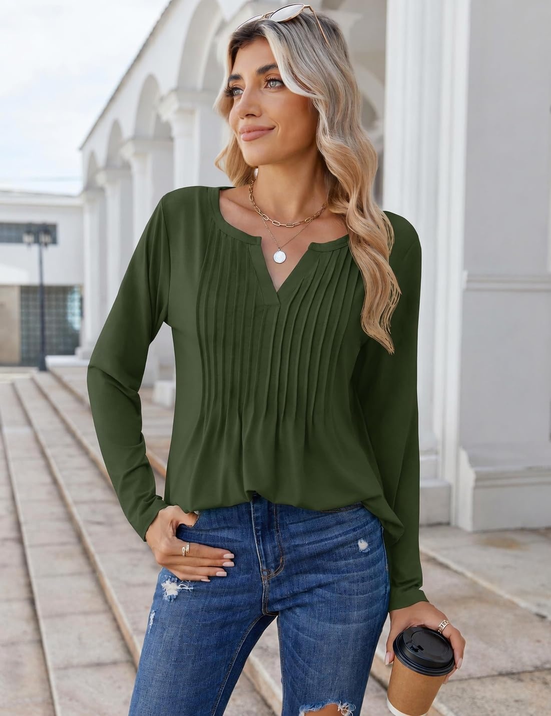 image:imageZeagoo Womens Long Sleeve Tops 2026 V Neck Pleated Shirts Dressy Casual Tunic Blouses Loose Fit Fall Fashion ClothesArmy Green