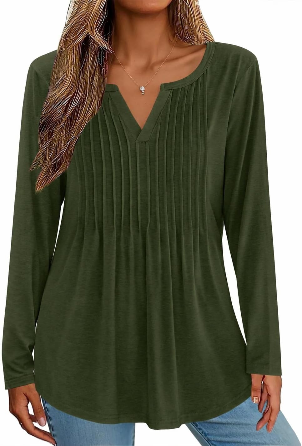 image:imageZeagoo Womens Long Sleeve Tops 2026 V Neck Pleated Shirts Dressy Casual Tunic Blouses Loose Fit Fall Fashion ClothesArmy Green