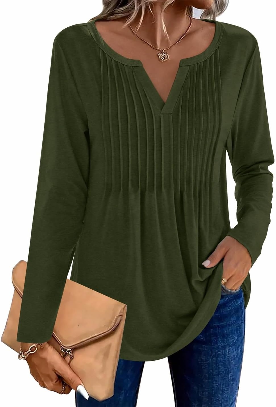 image:imageZeagoo Womens Long Sleeve Tops 2026 V Neck Pleated Shirts Dressy Casual Tunic Blouses Loose Fit Fall Fashion ClothesArmy Green