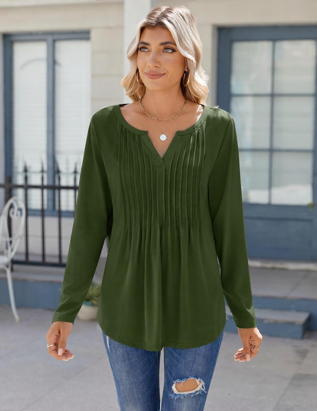 image:imageZeagoo Womens Long Sleeve Tops 2026 V Neck Pleated Shirts Dressy Casual Tunic Blouses Loose Fit Fall Fashion ClothesArmy Green