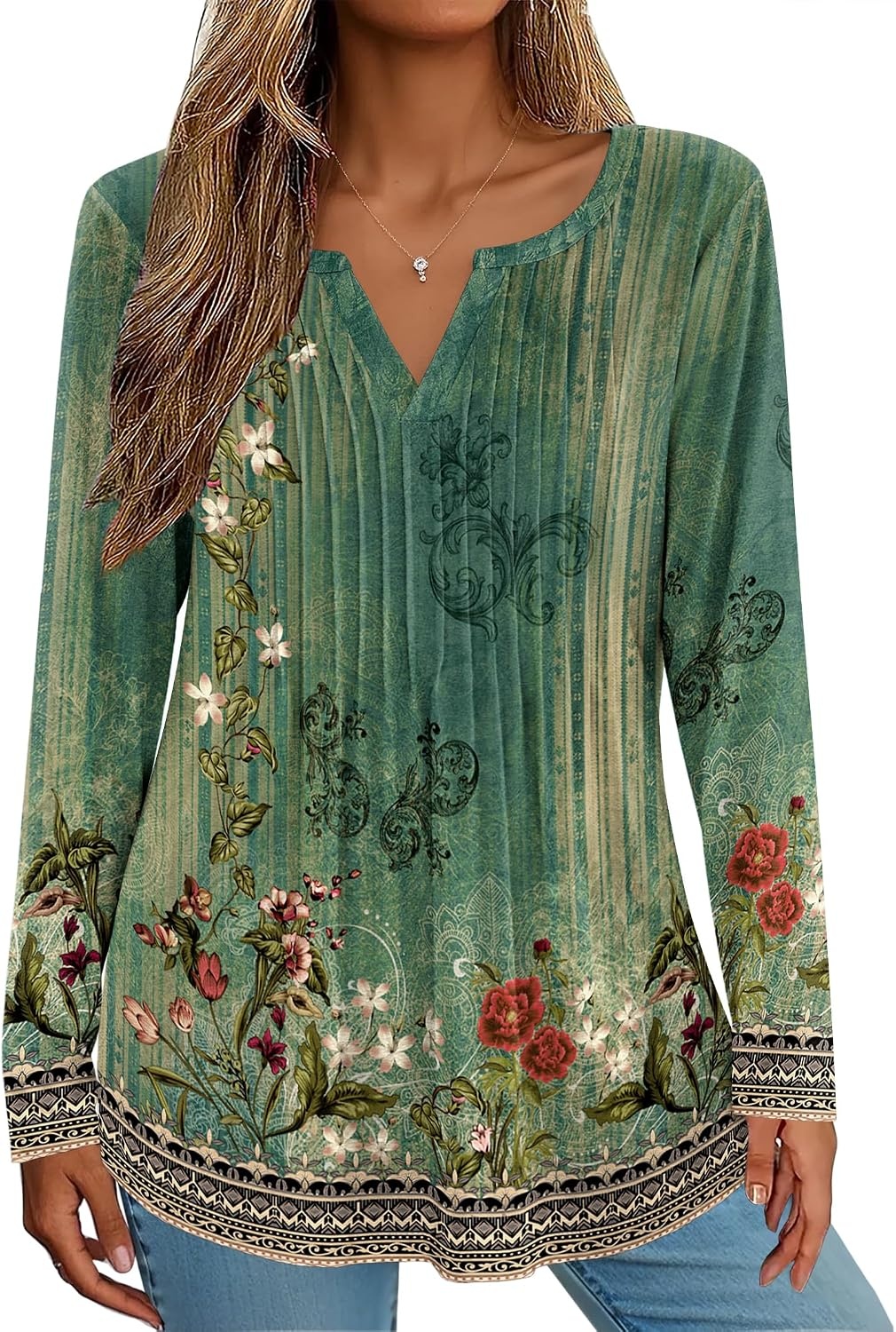 image:imageZeagoo Womens Long Sleeve Tops 2026 V Neck Pleated Shirts Dressy Casual Tunic Blouses Loose Fit Fall Fashion ClothesBbgreenprinted