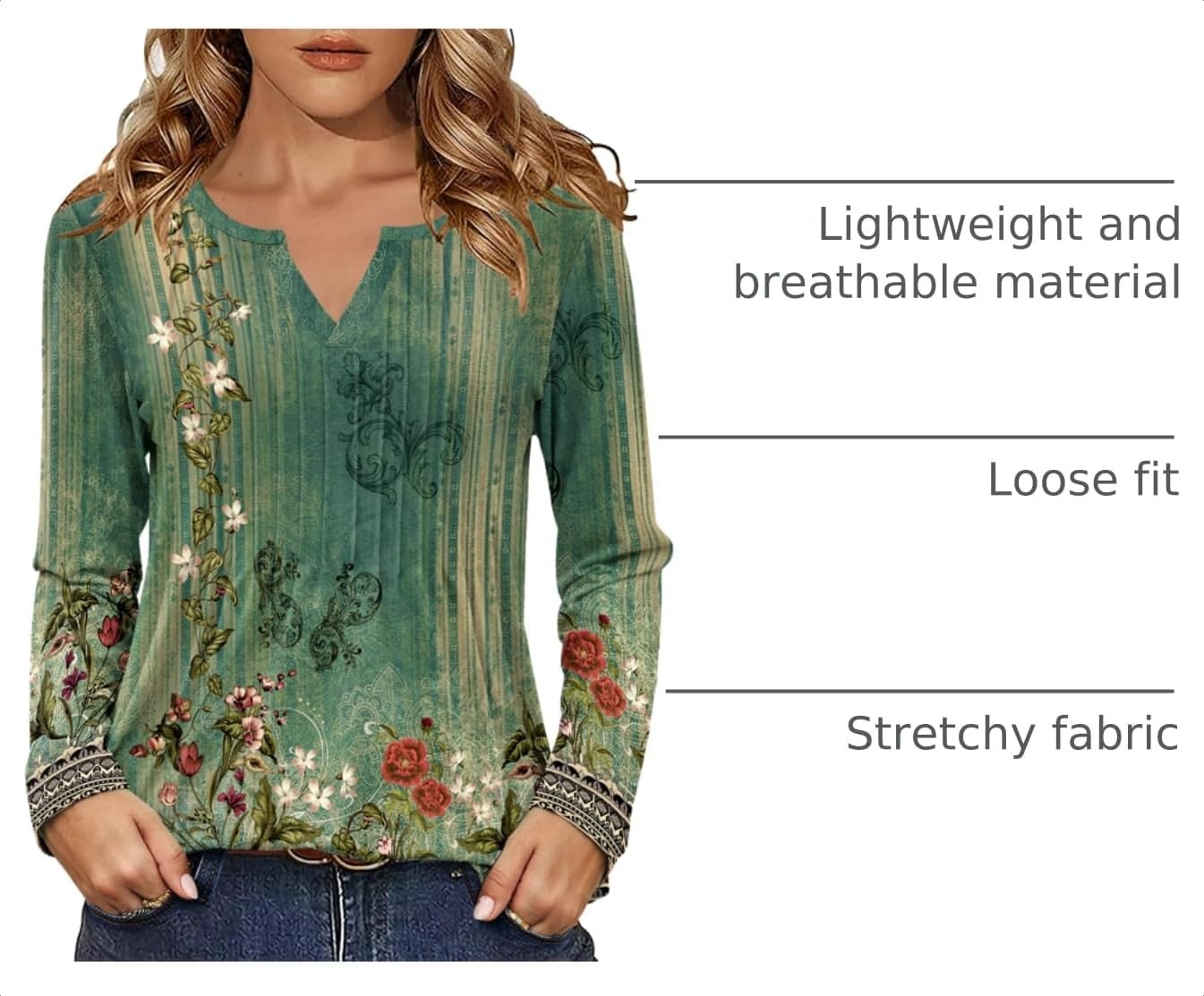 image:imageZeagoo Womens Long Sleeve Tops 2026 V Neck Pleated Shirts Dressy Casual Tunic Blouses Loose Fit Fall Fashion ClothesBbgreenprinted