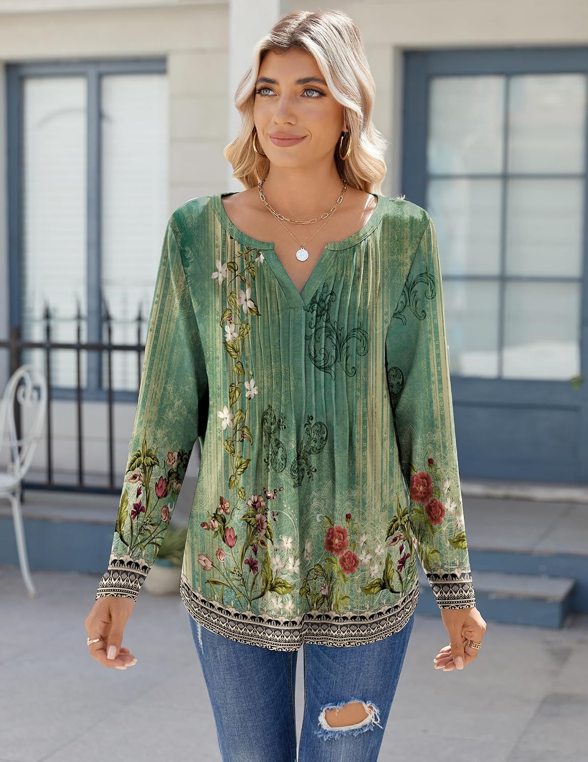 image:imageZeagoo Womens Long Sleeve Tops 2026 V Neck Pleated Shirts Dressy Casual Tunic Blouses Loose Fit Fall Fashion ClothesBbgreenprinted