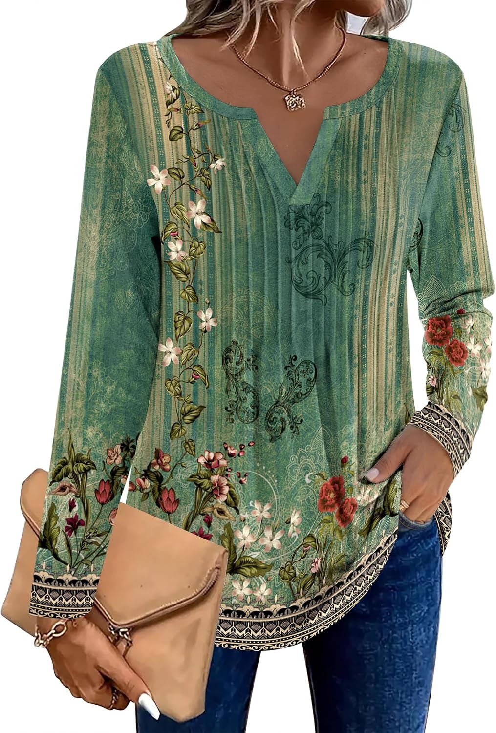 image:imageZeagoo Womens Long Sleeve Tops 2026 V Neck Pleated Shirts Dressy Casual Tunic Blouses Loose Fit Fall Fashion ClothesBbgreenprinted