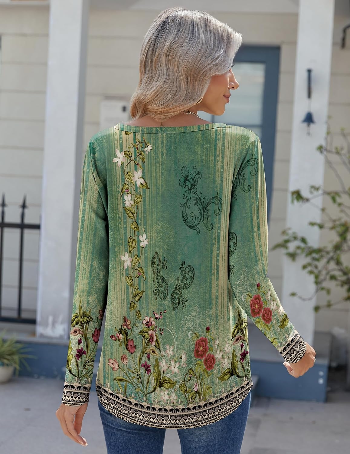 image:imageZeagoo Womens Long Sleeve Tops 2026 V Neck Pleated Shirts Dressy Casual Tunic Blouses Loose Fit Fall Fashion ClothesBbgreenprinted