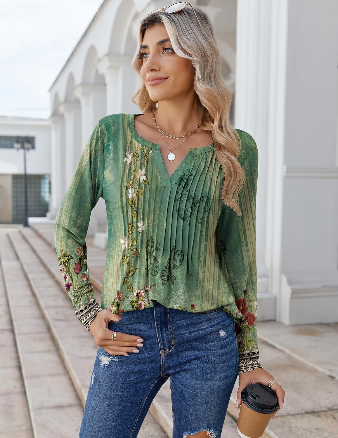 image:imageZeagoo Womens Long Sleeve Tops 2026 V Neck Pleated Shirts Dressy Casual Tunic Blouses Loose Fit Fall Fashion ClothesBbgreenprinted