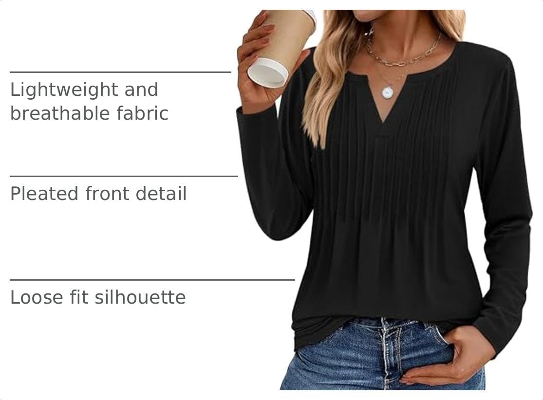 image:imageZeagoo Womens Long Sleeve Tops 2026 V Neck Pleated Shirts Dressy Casual Tunic Blouses Loose Fit Fall Fashion ClothesBlack