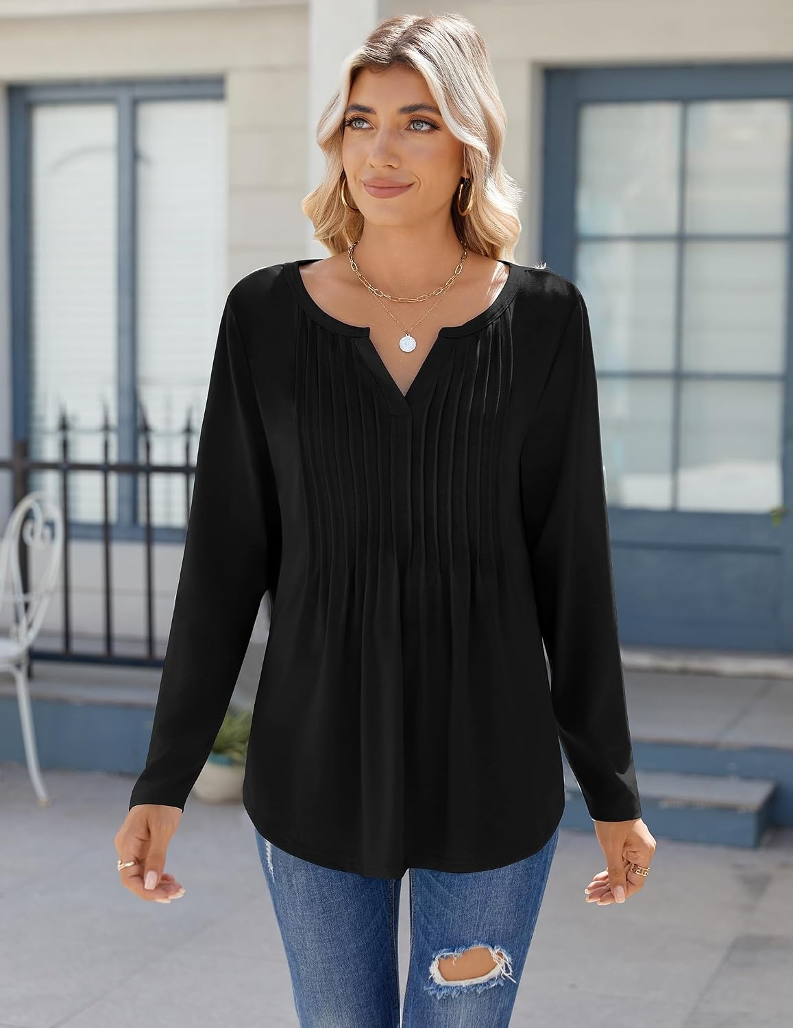 image:imageZeagoo Womens Long Sleeve Tops 2026 V Neck Pleated Shirts Dressy Casual Tunic Blouses Loose Fit Fall Fashion ClothesBlack