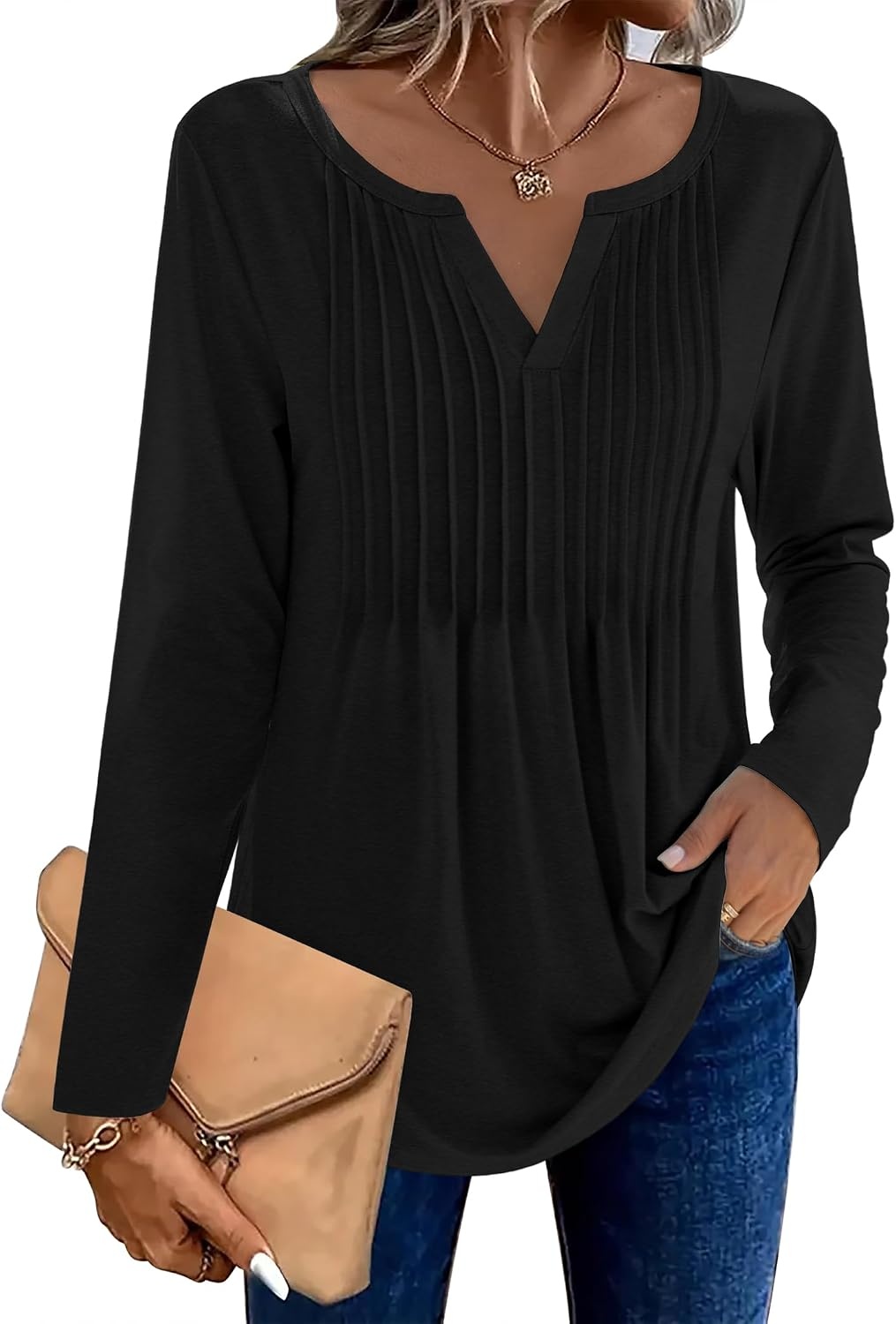 image:imageZeagoo Womens Long Sleeve Tops 2026 V Neck Pleated Shirts Dressy Casual Tunic Blouses Loose Fit Fall Fashion ClothesBlack
