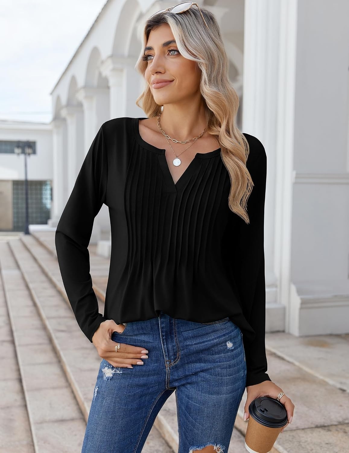 image:imageZeagoo Womens Long Sleeve Tops 2026 V Neck Pleated Shirts Dressy Casual Tunic Blouses Loose Fit Fall Fashion ClothesBlack