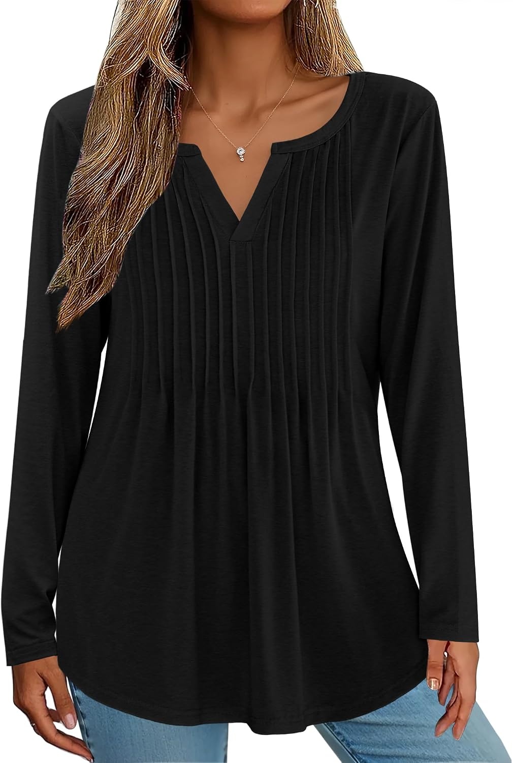image:imageZeagoo Womens Long Sleeve Tops 2026 V Neck Pleated Shirts Dressy Casual Tunic Blouses Loose Fit Fall Fashion ClothesBlack