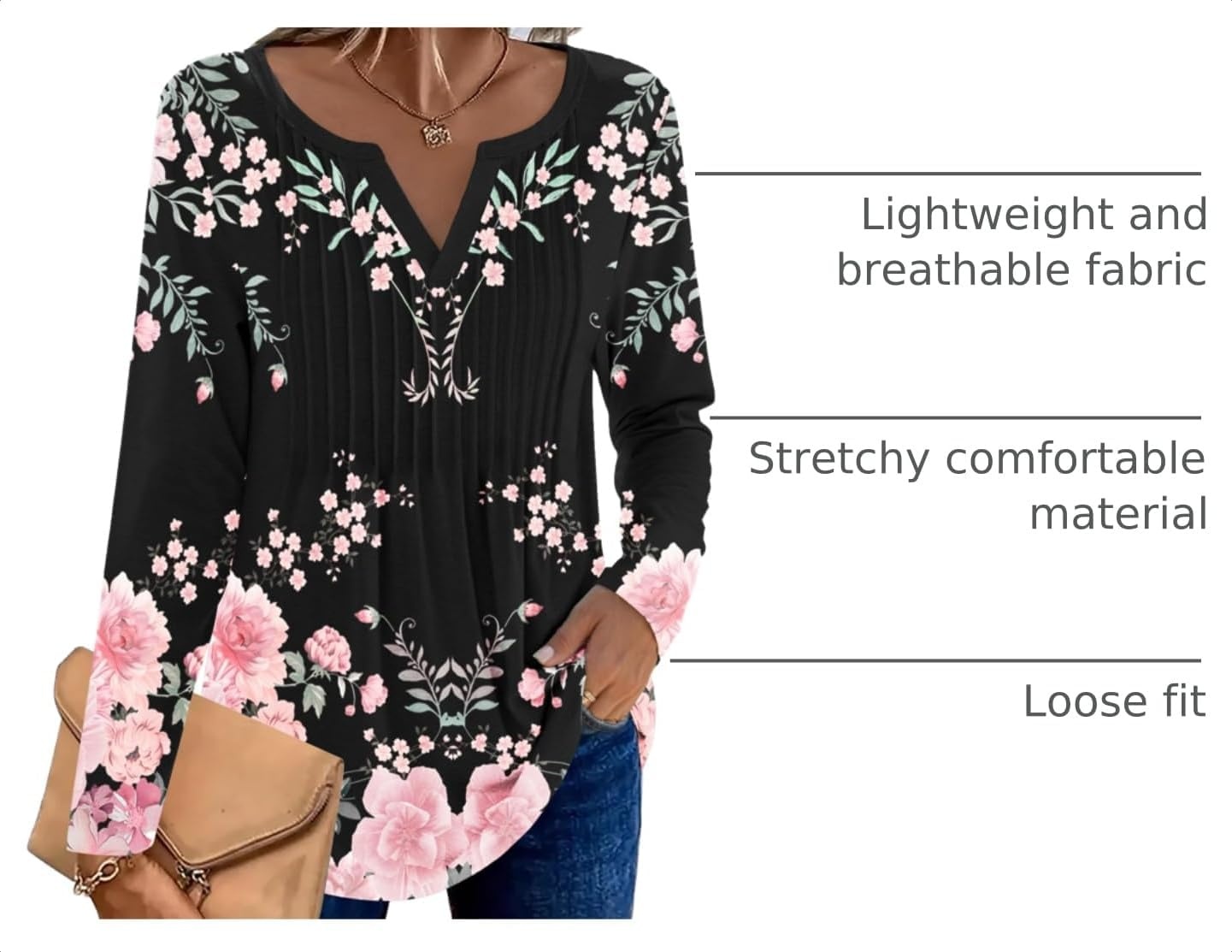 image:imageZeagoo Womens Long Sleeve Tops 2026 V Neck Pleated Shirts Dressy Casual Tunic Blouses Loose Fit Fall Fashion ClothesBlack Pinkprinted