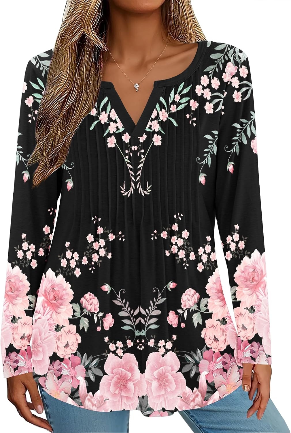 image:imageZeagoo Womens Long Sleeve Tops 2026 V Neck Pleated Shirts Dressy Casual Tunic Blouses Loose Fit Fall Fashion ClothesBlack Pinkprinted