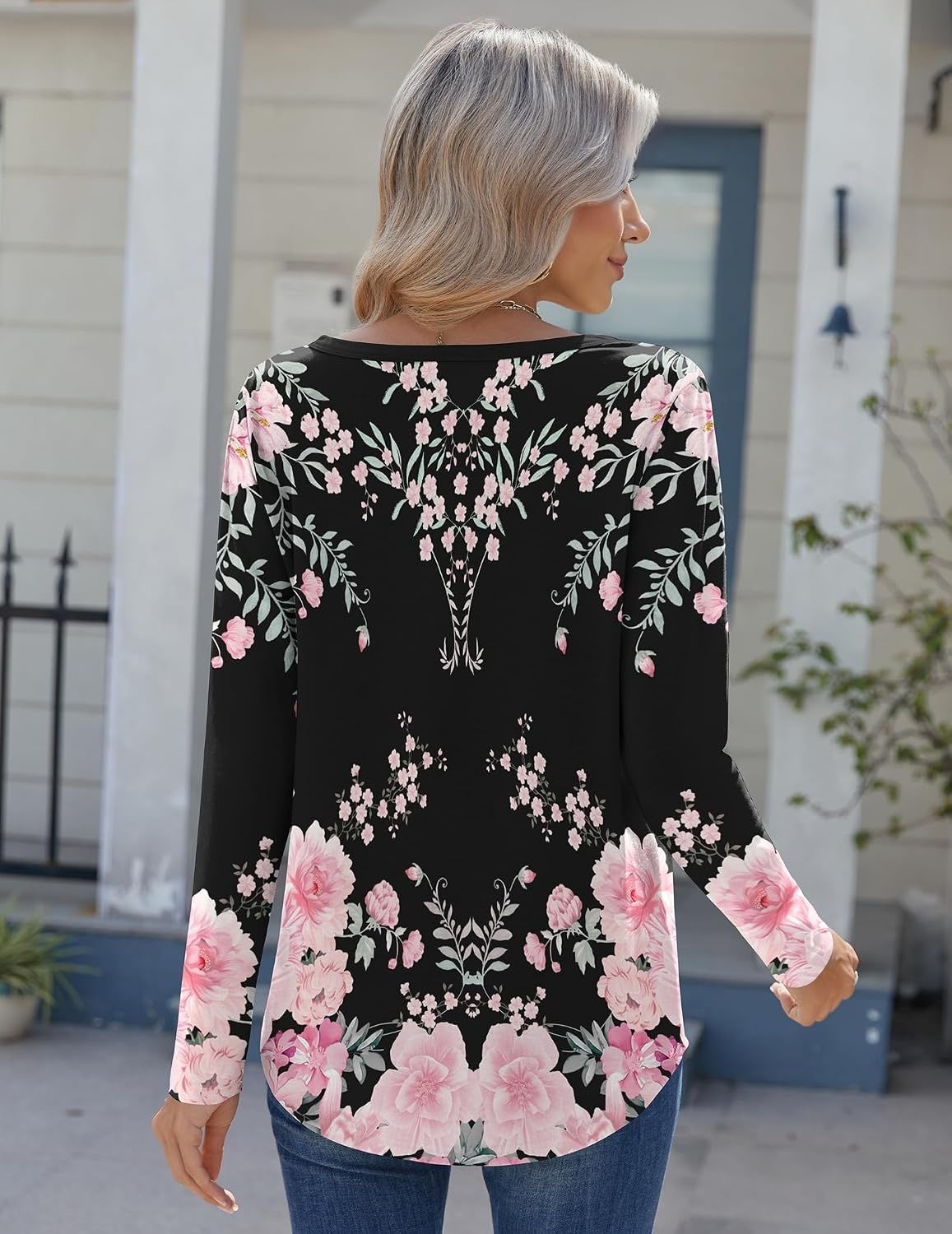 image:imageZeagoo Womens Long Sleeve Tops 2026 V Neck Pleated Shirts Dressy Casual Tunic Blouses Loose Fit Fall Fashion ClothesBlack Pinkprinted