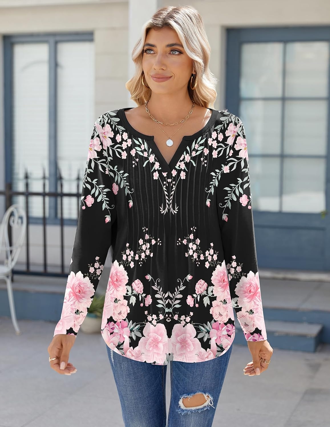 image:imageZeagoo Womens Long Sleeve Tops 2026 V Neck Pleated Shirts Dressy Casual Tunic Blouses Loose Fit Fall Fashion ClothesBlack Pinkprinted