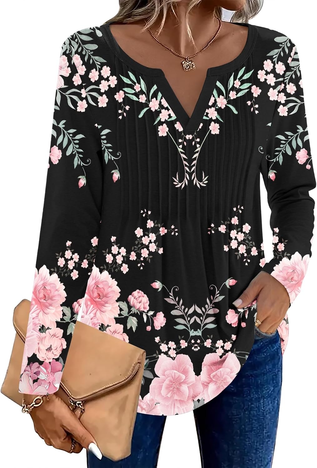 image:imageZeagoo Womens Long Sleeve Tops 2026 V Neck Pleated Shirts Dressy Casual Tunic Blouses Loose Fit Fall Fashion ClothesBlack Pinkprinted