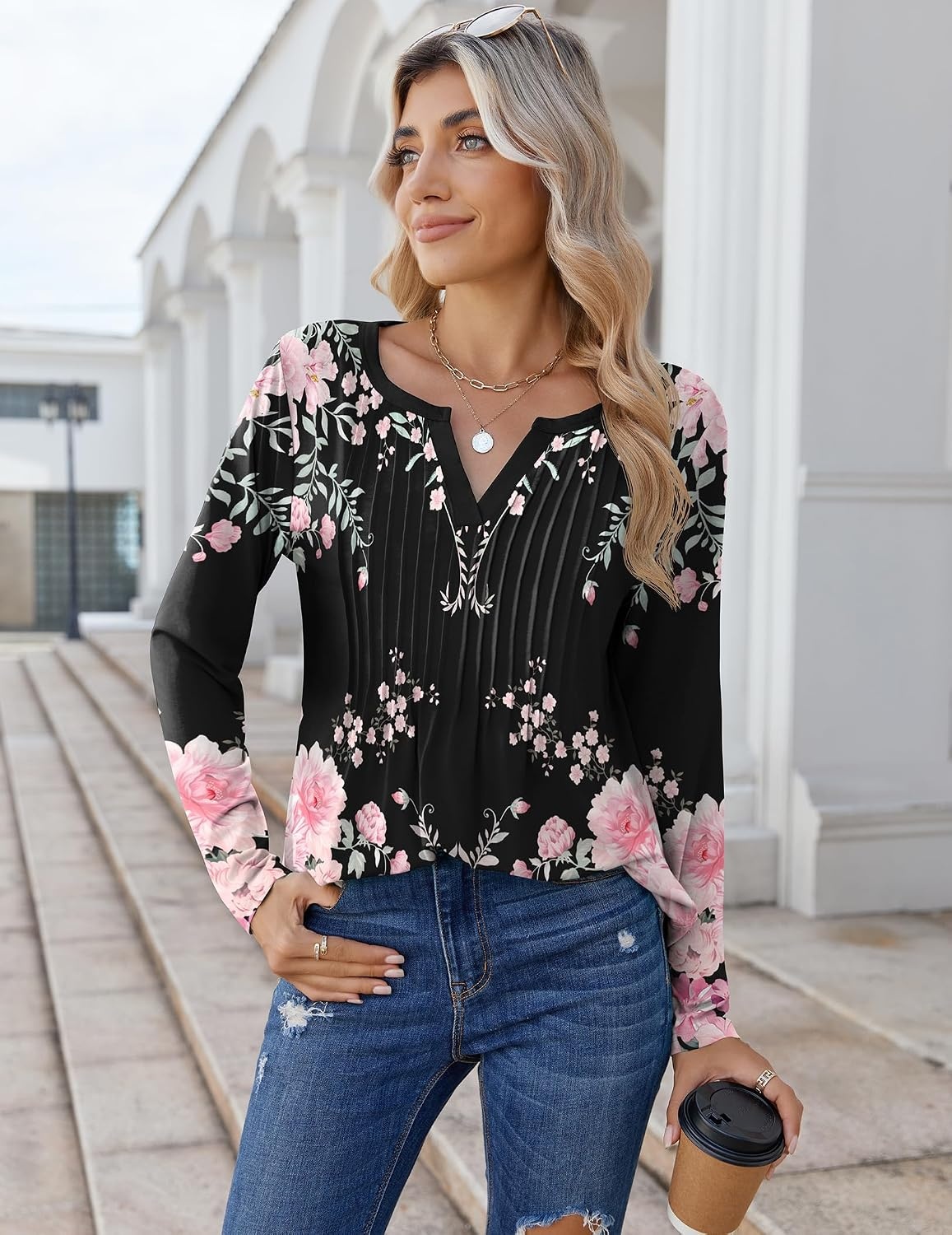 image:imageZeagoo Womens Long Sleeve Tops 2026 V Neck Pleated Shirts Dressy Casual Tunic Blouses Loose Fit Fall Fashion ClothesBlack Pinkprinted