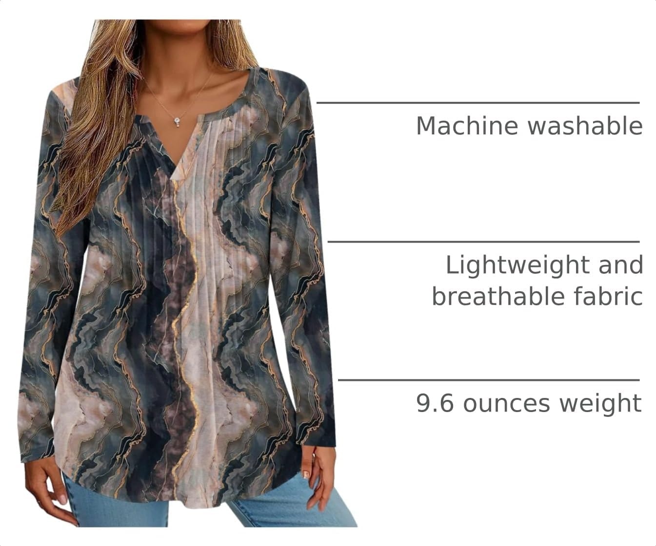 image:imageZeagoo Womens Long Sleeve Tops 2026 V Neck Pleated Shirts Dressy Casual Tunic Blouses Loose Fit Fall Fashion ClothesCx278