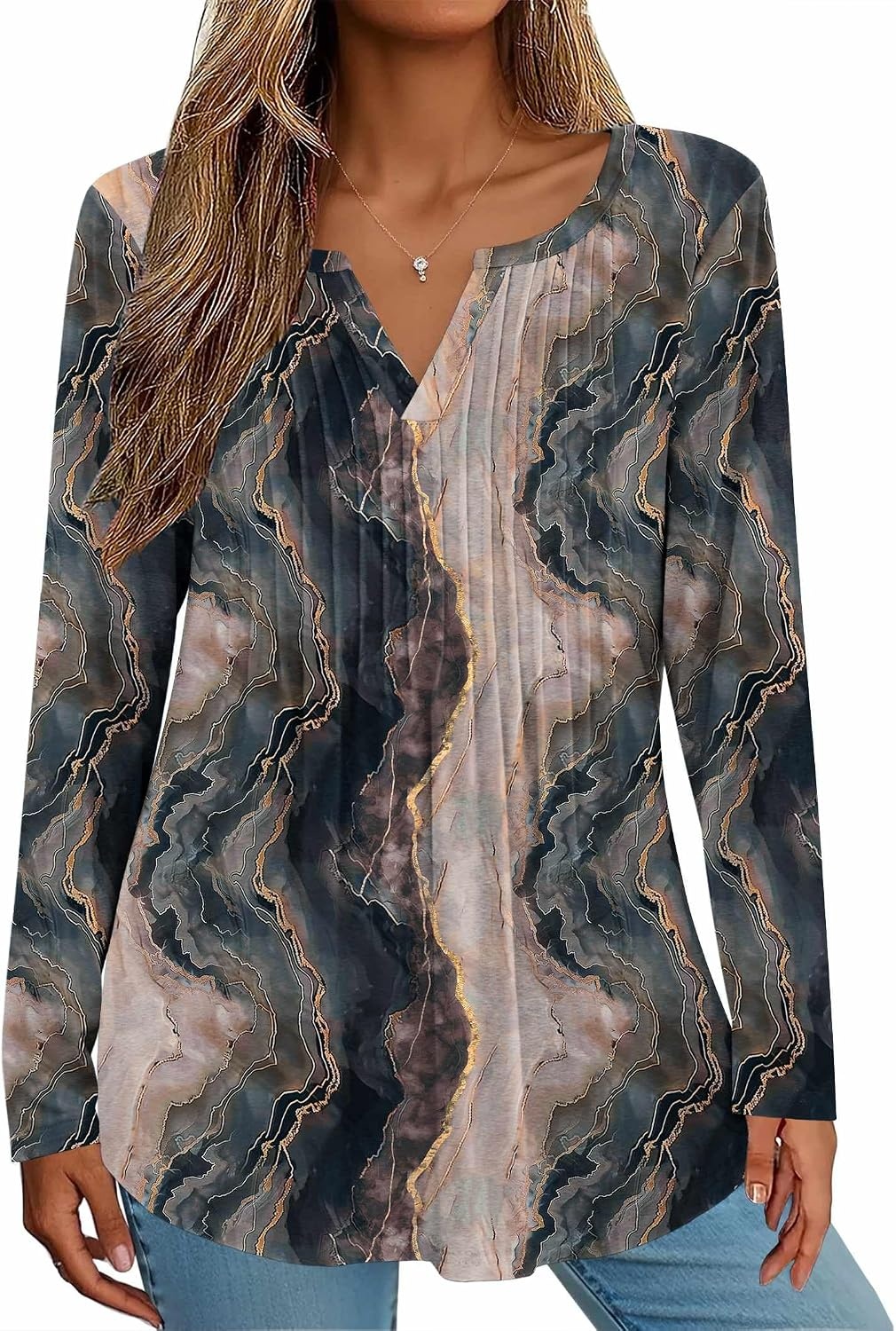 image:imageZeagoo Womens Long Sleeve Tops 2026 V Neck Pleated Shirts Dressy Casual Tunic Blouses Loose Fit Fall Fashion ClothesCx278