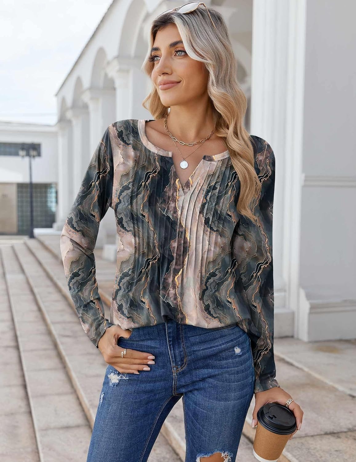 image:imageZeagoo Womens Long Sleeve Tops 2026 V Neck Pleated Shirts Dressy Casual Tunic Blouses Loose Fit Fall Fashion ClothesCx278