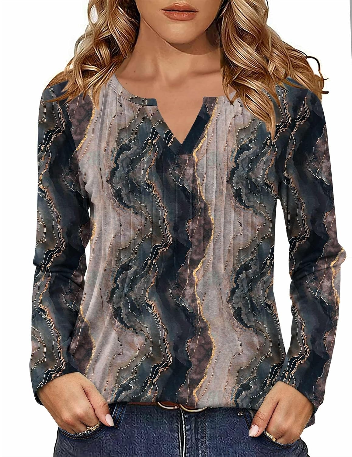 image:imageZeagoo Womens Long Sleeve Tops 2026 V Neck Pleated Shirts Dressy Casual Tunic Blouses Loose Fit Fall Fashion ClothesCx278