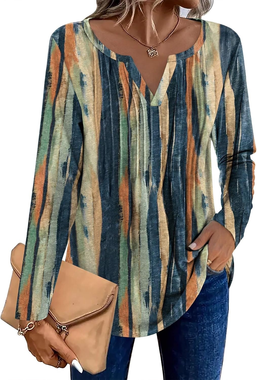 image:imageZeagoo Womens Long Sleeve Tops 2026 V Neck Pleated Shirts Dressy Casual Tunic Blouses Loose Fit Fall Fashion ClothesCx289