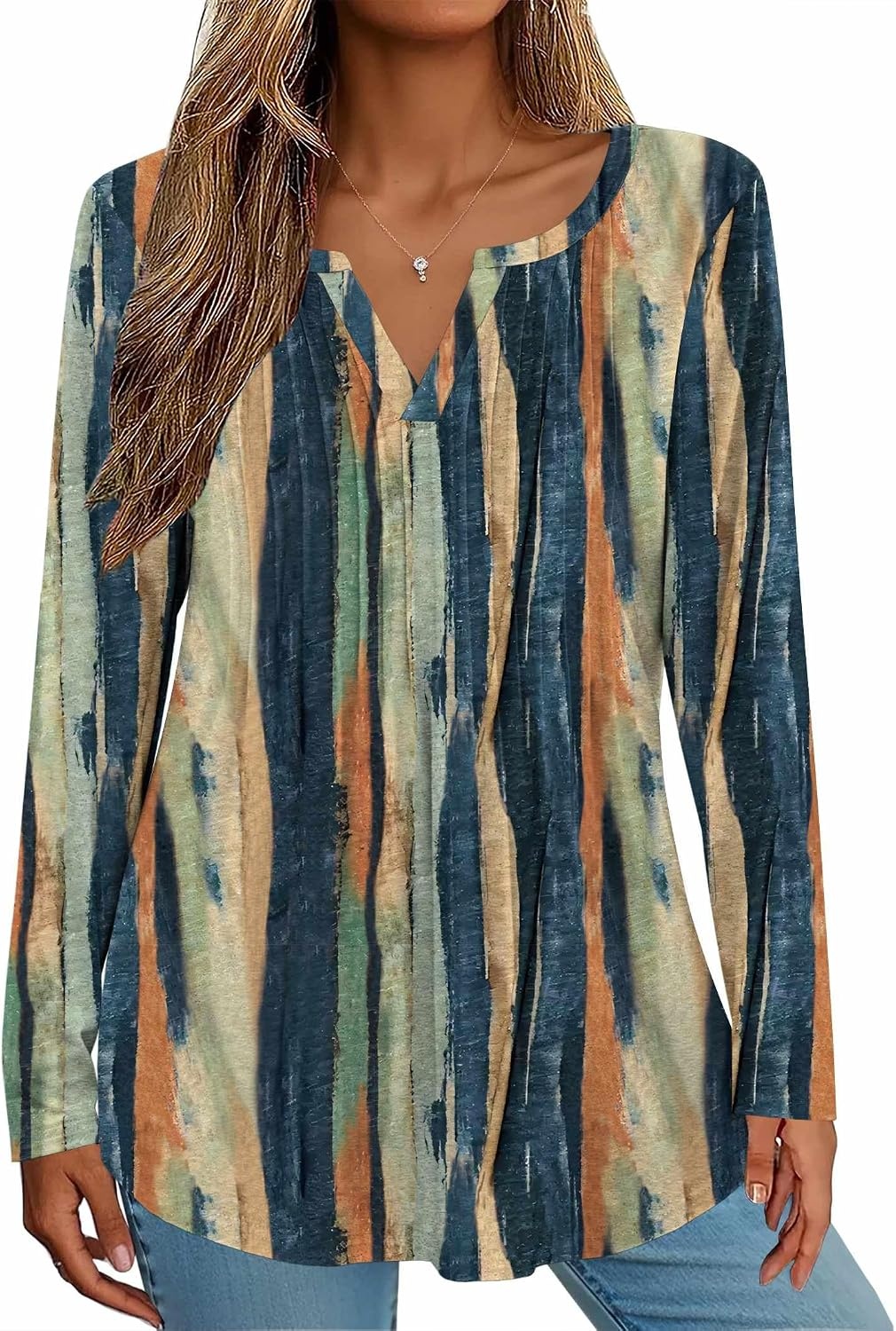 image:imageZeagoo Womens Long Sleeve Tops 2026 V Neck Pleated Shirts Dressy Casual Tunic Blouses Loose Fit Fall Fashion ClothesCx289