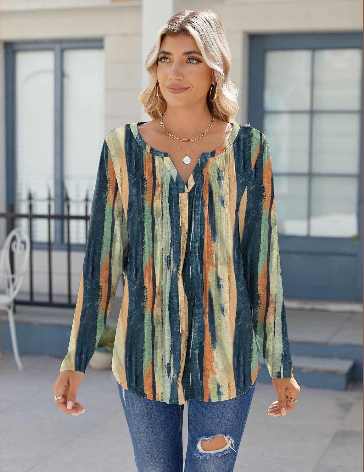 image:imageZeagoo Womens Long Sleeve Tops 2026 V Neck Pleated Shirts Dressy Casual Tunic Blouses Loose Fit Fall Fashion ClothesCx289